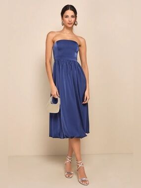 Lulus Lavish Elegance Navy Blue Satin Strapless Bubble-Hem Midi Dress, Size XS